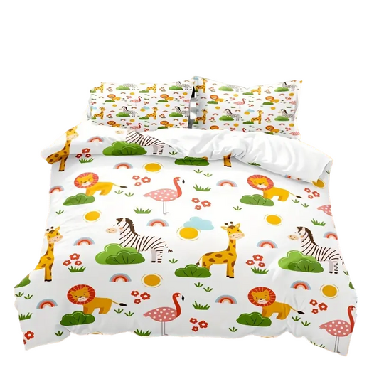 Cartoon Animal Microfiber Duvet Cover Set - Lion, Flamingo, Deer, Zebra Print (3pcs)-0