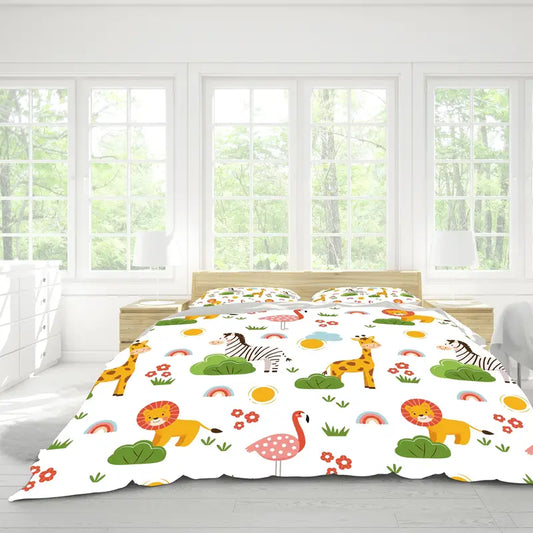 Cartoon Animal Microfiber Duvet Cover Set - Lion, Flamingo, Deer, Zebra Print (3pcs)-1
