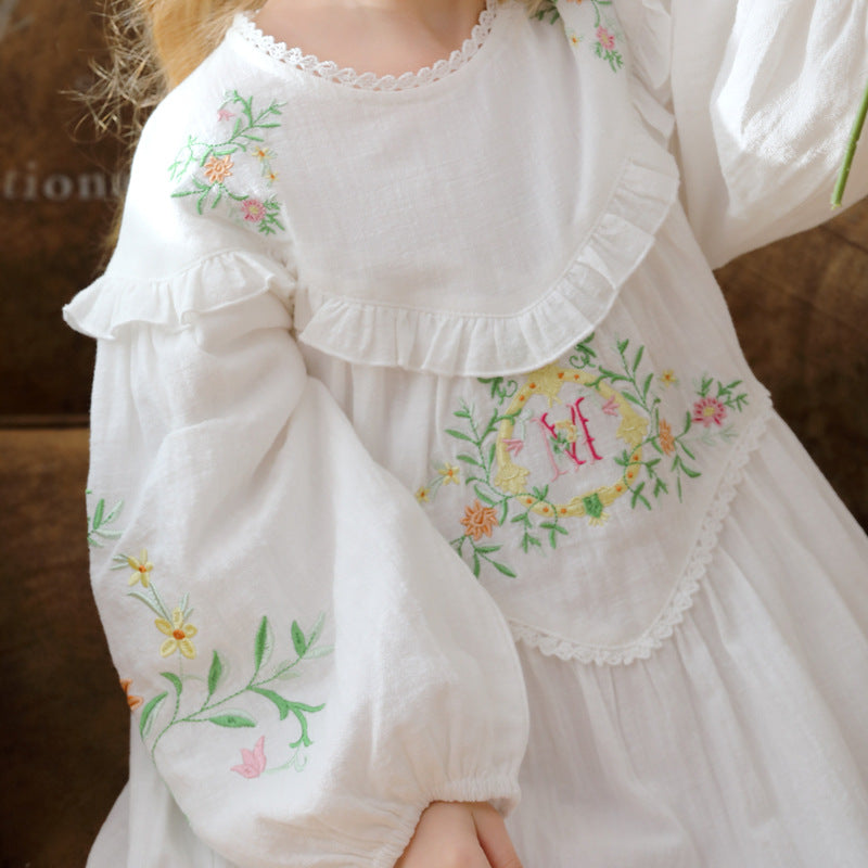 Design Autumn Girls Floral and Vines Pattern Ruffle Neck Long Puff Sleeves Dress-3