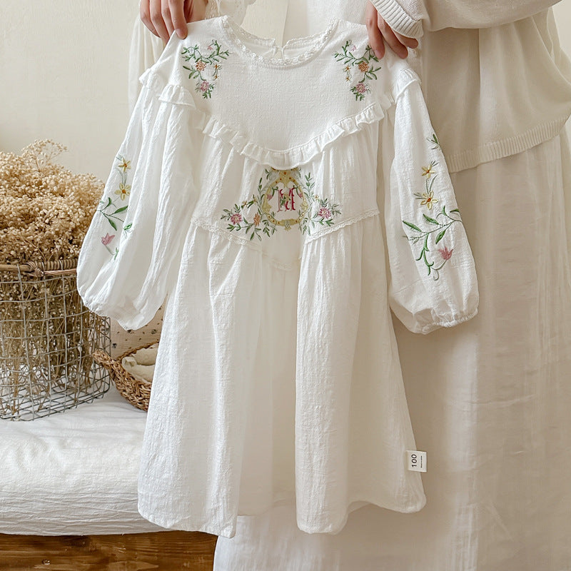 Design Autumn Girls Floral and Vines Pattern Ruffle Neck Long Puff Sleeves Dress-2
