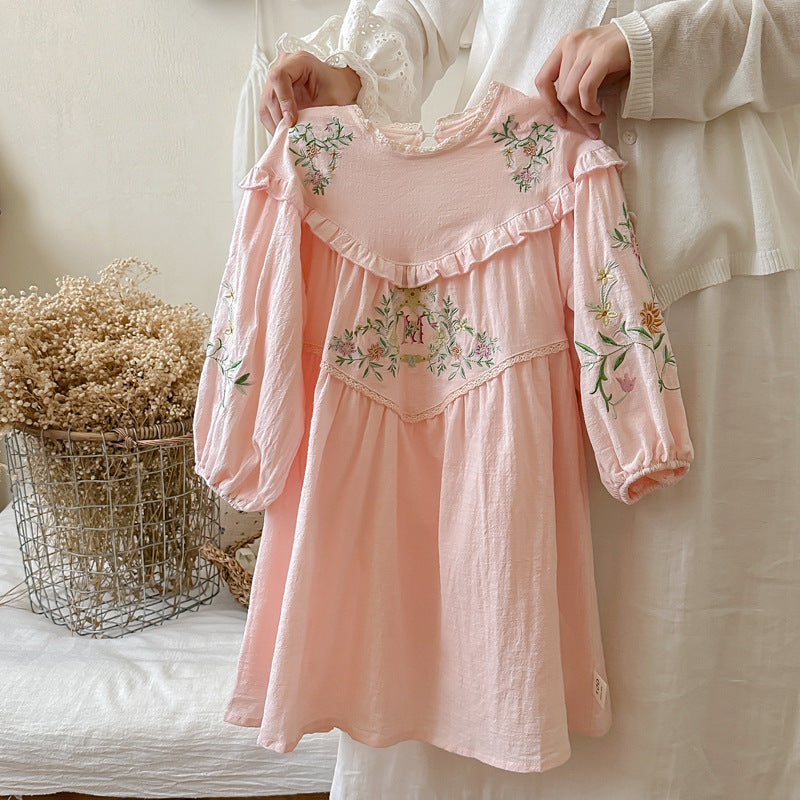 Design Autumn Girls Floral and Vines Pattern Ruffle Neck Long Puff Sleeves Dress-1