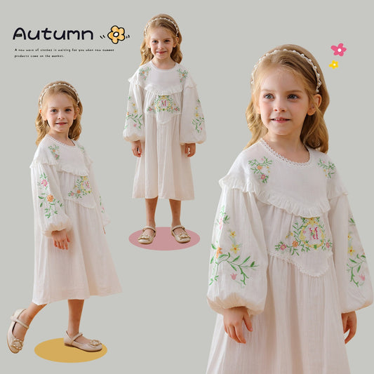 Design Autumn Girls Floral and Vines Pattern Ruffle Neck Long Puff Sleeves Dress-0